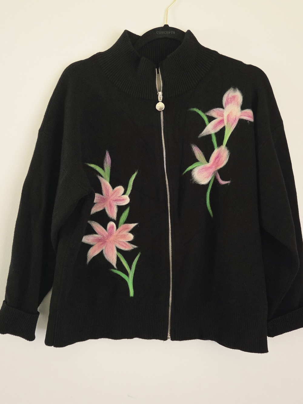Sioni Black Zip-Up  Jacket with Pink Floral Embroidery